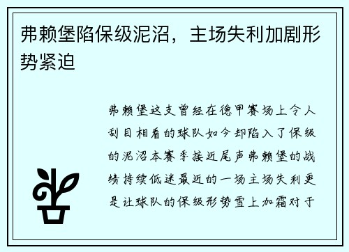 弗赖堡陷保级泥沼，主场失利加剧形势紧迫