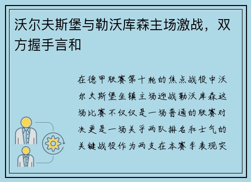 沃尔夫斯堡与勒沃库森主场激战，双方握手言和